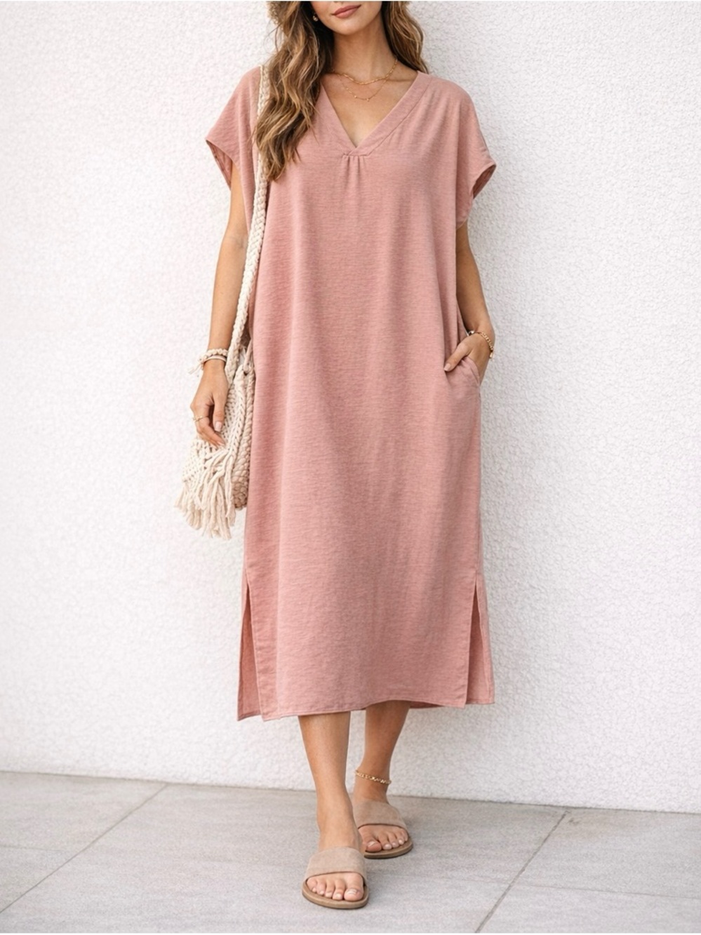 Jade by Jane Dusty Rose Pink Shift Dress Boho Minimalist Midi Tunic Pockets M